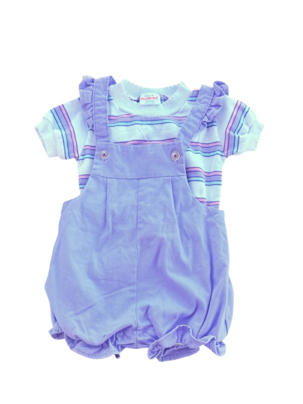 VTG Health-tex Baby Girl Overalls Set 24M | Purple Shortalls & Striped Shirt USA